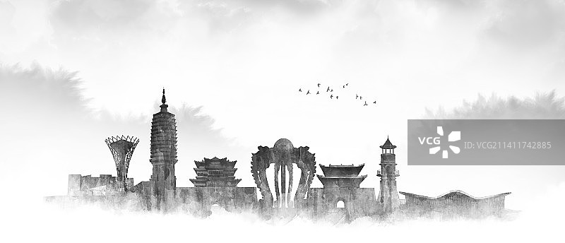 手绘张家口城市建筑插画图片素材