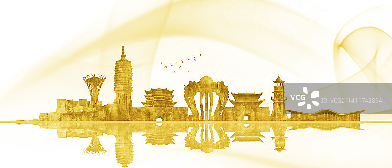 手绘张家口城市建筑插画图片素材