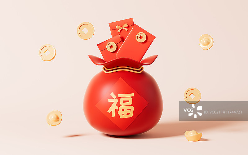 过年福袋与红包场景3D渲染图片素材