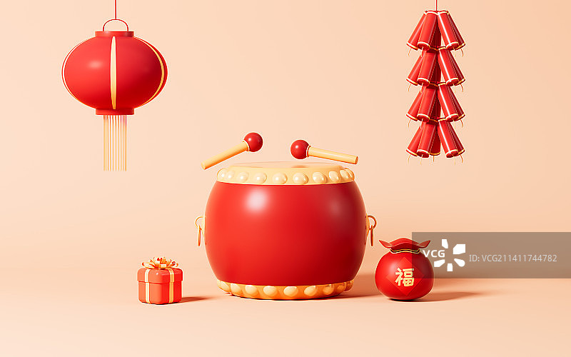 过年锣鼓与鞭炮场景3D渲染图片素材