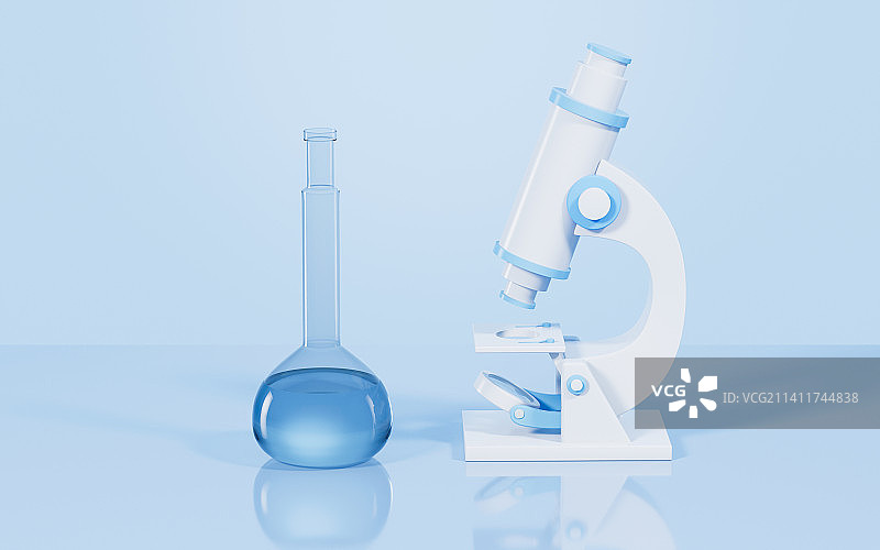 实验室里的显微镜和烧瓶3D渲染图片素材