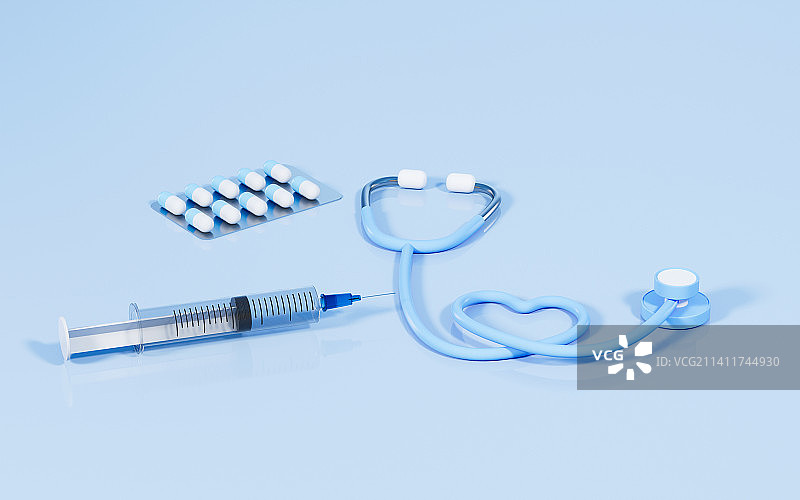 注射器与听诊器医药概念3D渲染图片素材