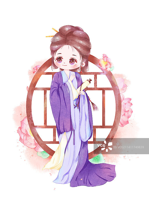 Q版古风水彩插画图片素材