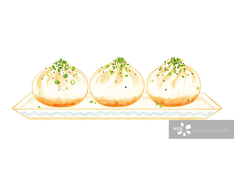 中国特色小吃生煎包小笼包葱花盘子插画图片素材