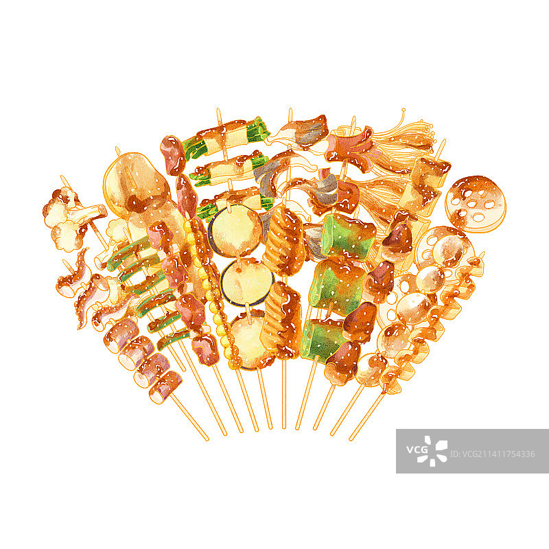 中国特色小吃美食酱汁烤串炸串食材插画图片素材