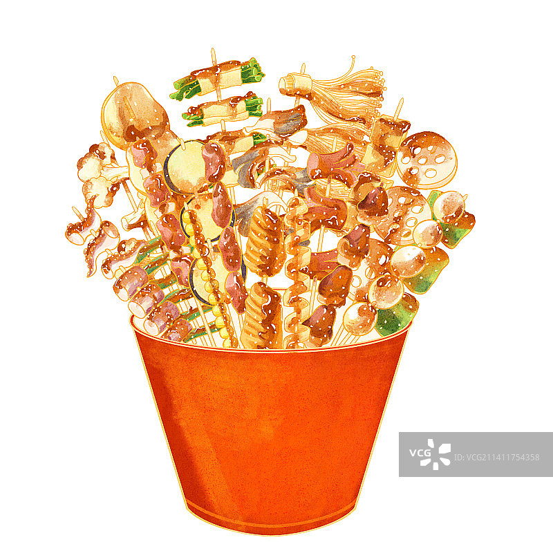 中国特色小吃美食串串烤串炸串食材插画图片素材