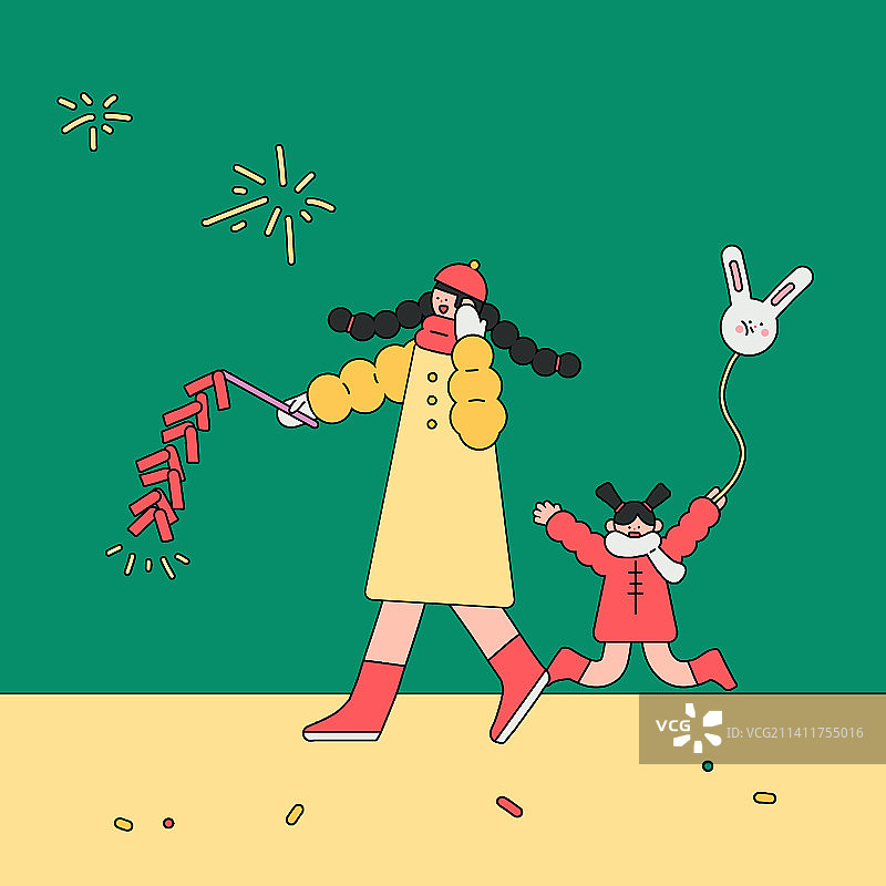 兔年春节年俗插画-放鞭炮图片素材