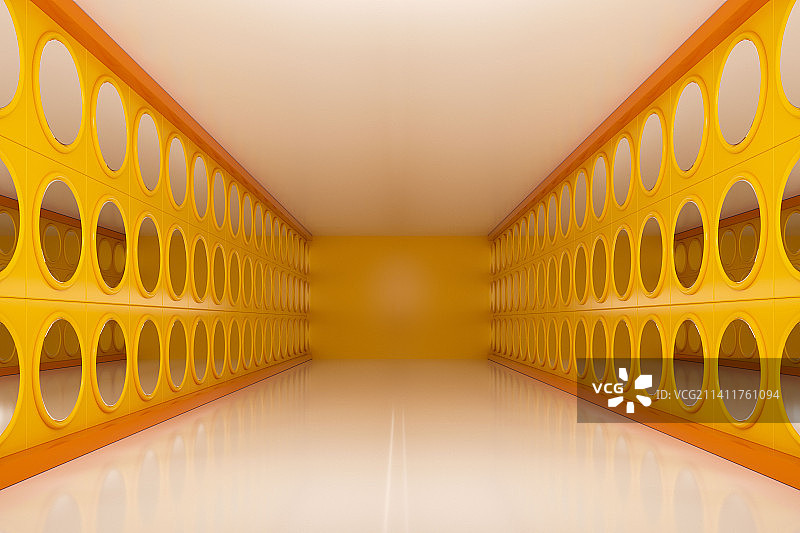 3D渲染橘黄色人造走廊展厅两侧圆形镜子图片素材