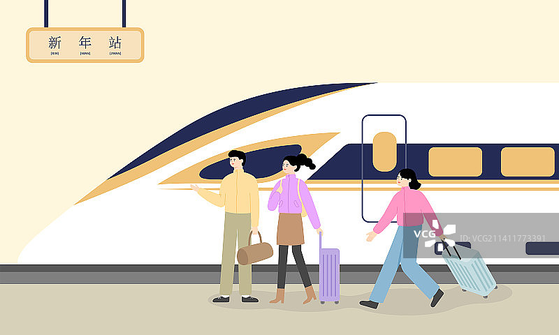 坐高铁回家过年的年轻人手绘插画图片素材