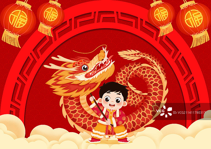 可爱的孩子在舞龙，新年，庆祝图片素材
