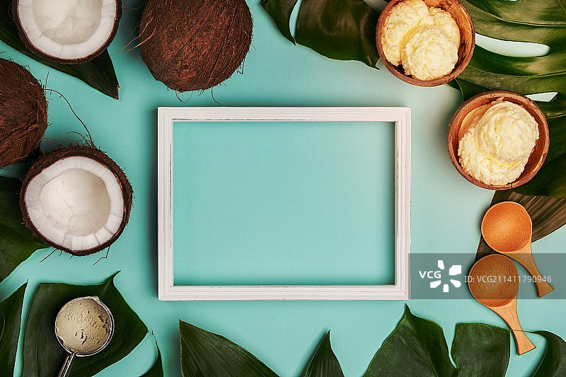 椰子冰淇淋和热带植物的创意扁平风格布局图片素材