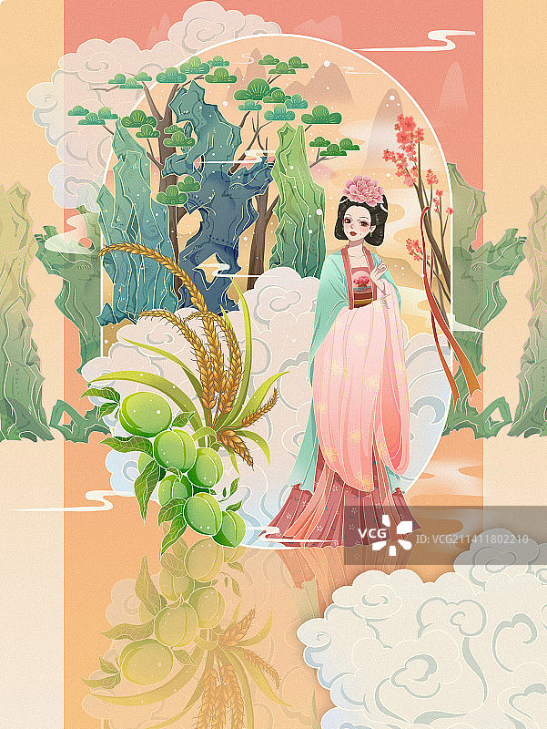 芒种节气迎花神青梅酒游园国风手绘插画海报图片素材