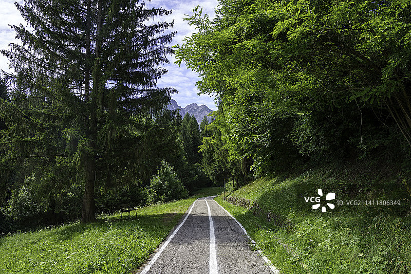 意大利贝卢诺省皮耶韦迪卡多雷自行车道上的山地风光图片素材