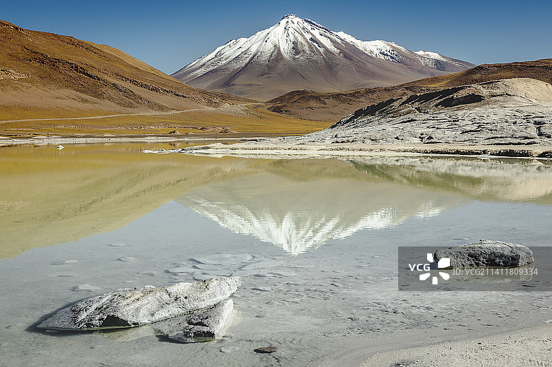 红石湖：阿塔卡马沙漠中的盐湖，火山景观图片素材