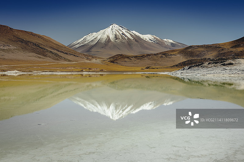 红石湖：阿塔卡马沙漠中的盐湖，火山景观图片素材