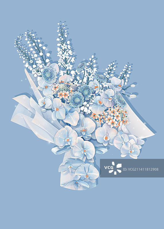 花束，蝴蝶兰，蓝色，冬，扁平，肌理，插画图片素材