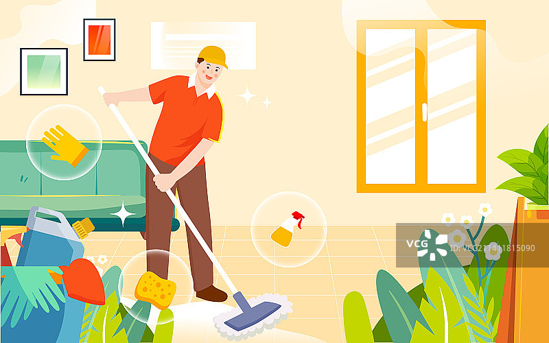 家政保洁劳动节人物大扫除打扫地板节日插画图片素材