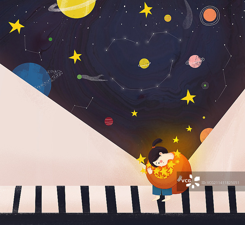 抱着星星的星空美好治愈女孩图片素材