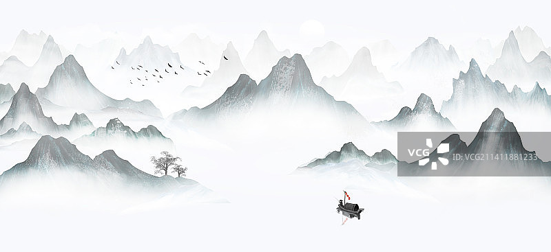 蓝色山水画背景插画图片素材