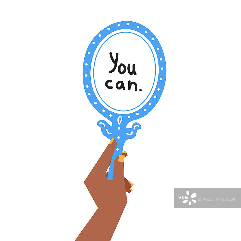 女人手持镜子，上面有励志语录图片素材
