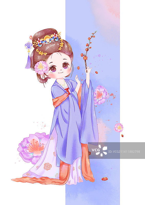 Q版古风美女水彩插画图片素材