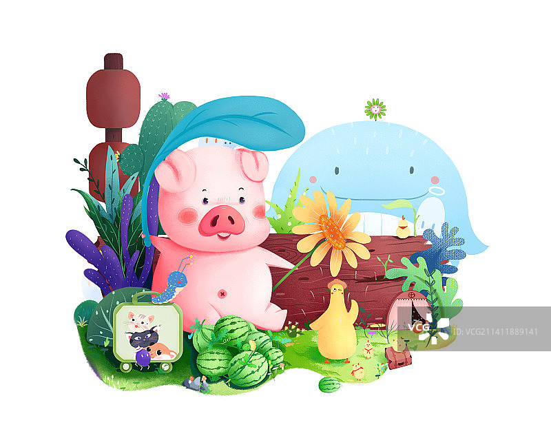 夏日车站之动物小场景插画图片素材