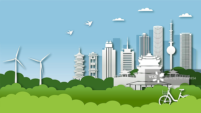 中国江苏省徐州市城市天际线剪纸风插画图片素材