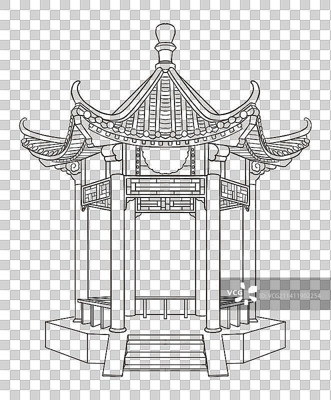 国风六角凉亭亭子精细线稿免抠手绘素材图片素材