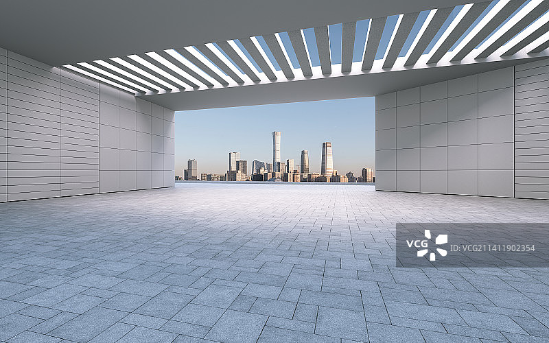 现代建筑空间地面与城市天际线图片素材