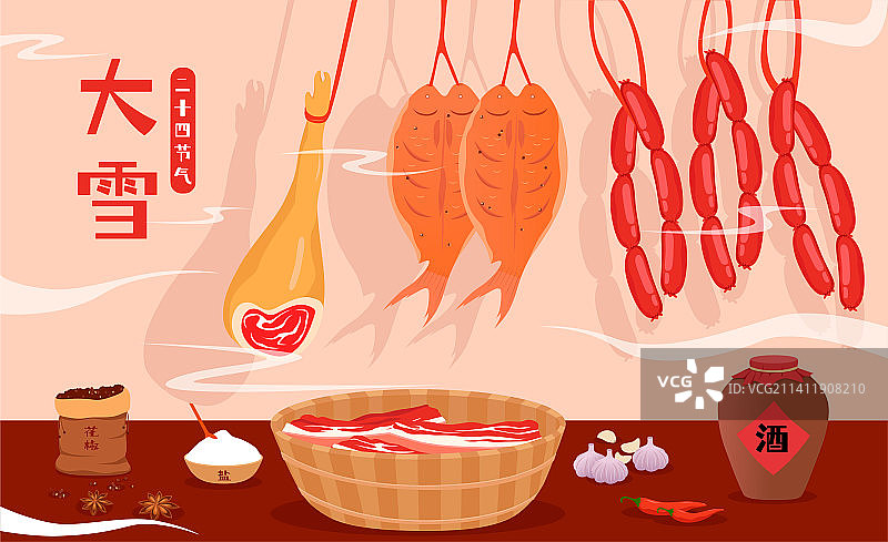 大雪腌腊肉腊货节日节气矢量插画海报图片素材