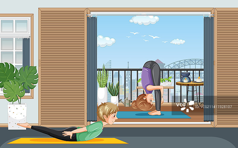 情侣在家做瑜伽图片素材