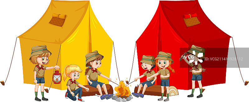 带有露营帐篷的童子军儿童图片素材