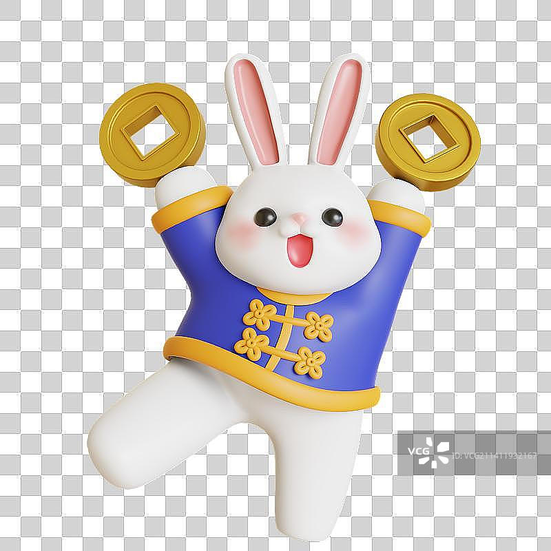 3D Bunny Holding Coins Up图片素材