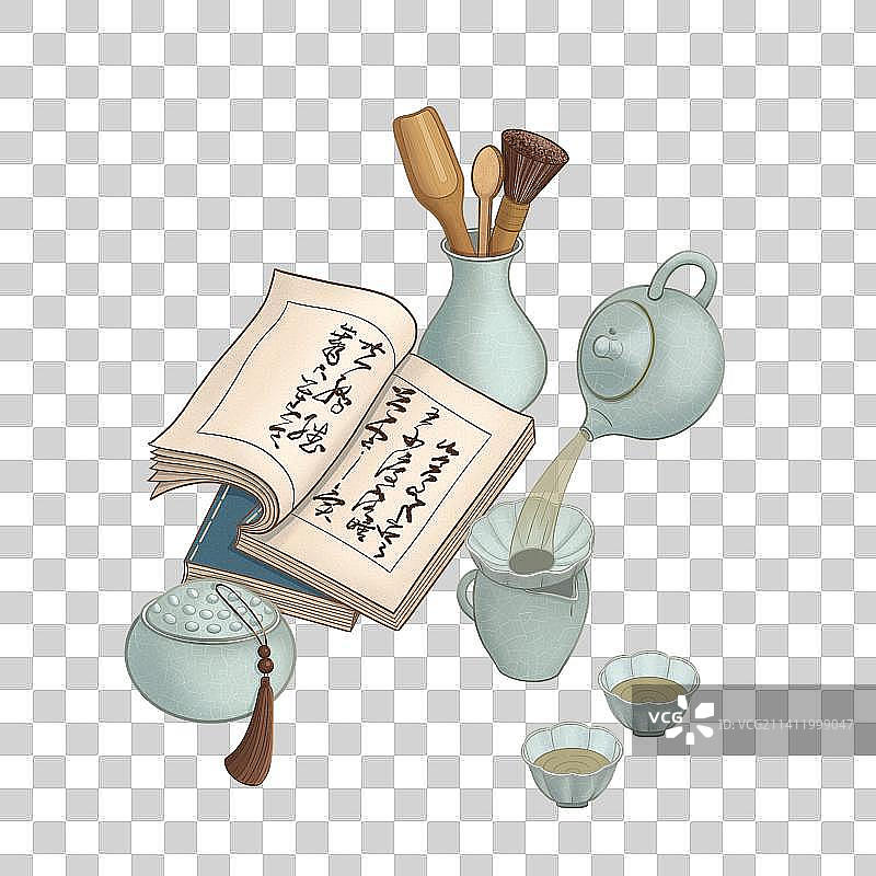 汝窑茶具国风线性插画免抠元素图片素材