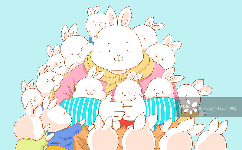 2023年兔年兔子温馨亲子互动多胎陪伴家人可爱插画图片素材