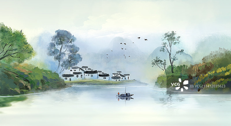 中国风水墨山水画背景水彩画意境风景插画图片素材