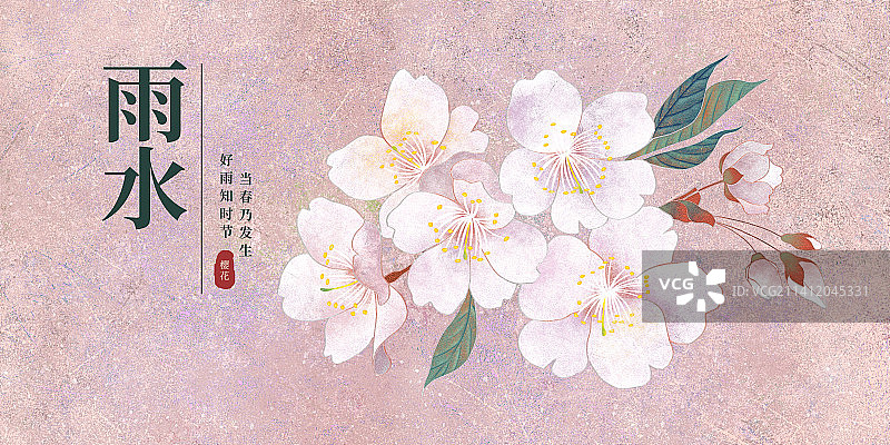 二十四节气雨水海报肌理岩彩风格植物系列樱花图片素材