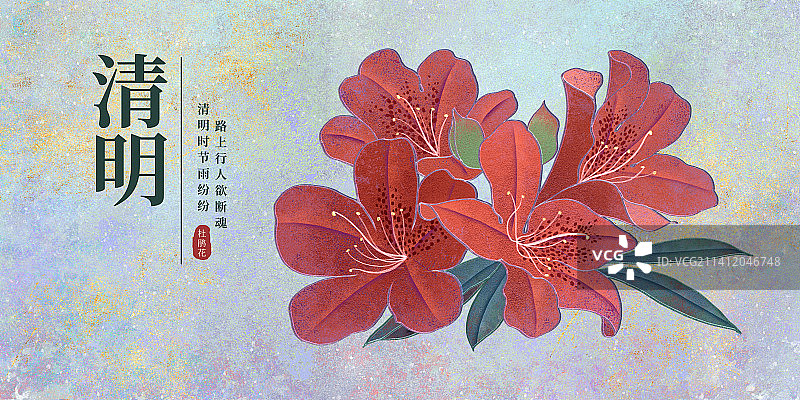 二十四节气清明海报肌理岩彩风格植物系列杜鹃花图片素材
