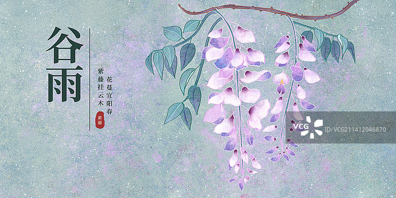 二十四节气谷雨海报肌理岩彩风格植物系列紫藤花图片素材