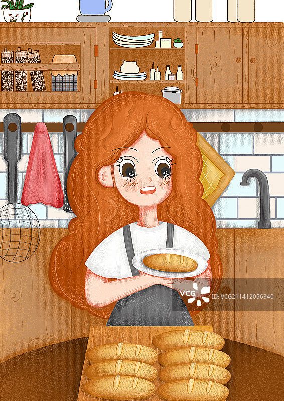 女孩面包厨房治愈儿童插画图片素材