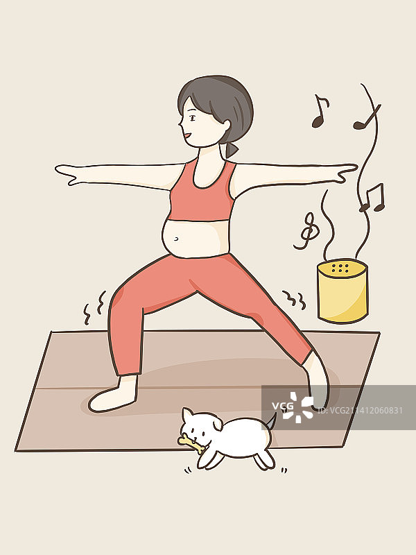 怀孕女人和狗一起运动瑜伽插画图片素材