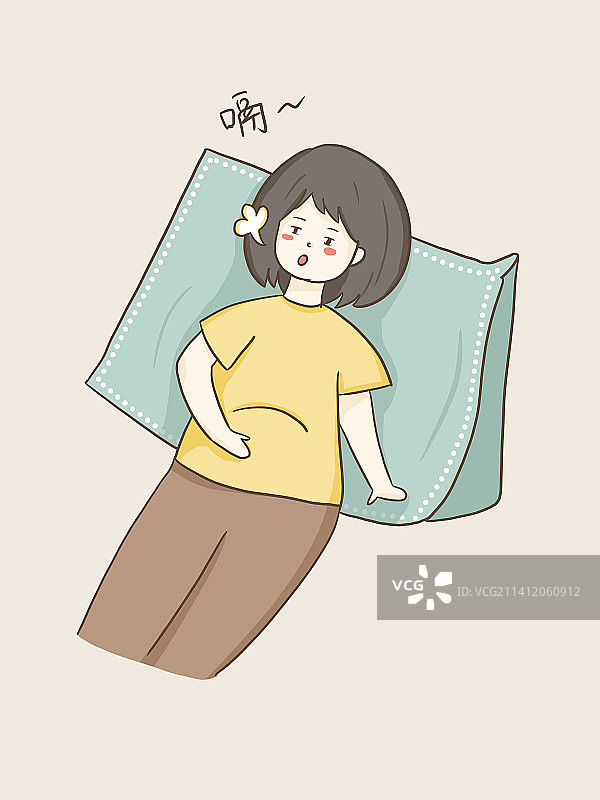 女孩吃饱躺在沙发上打嗝插画图片素材