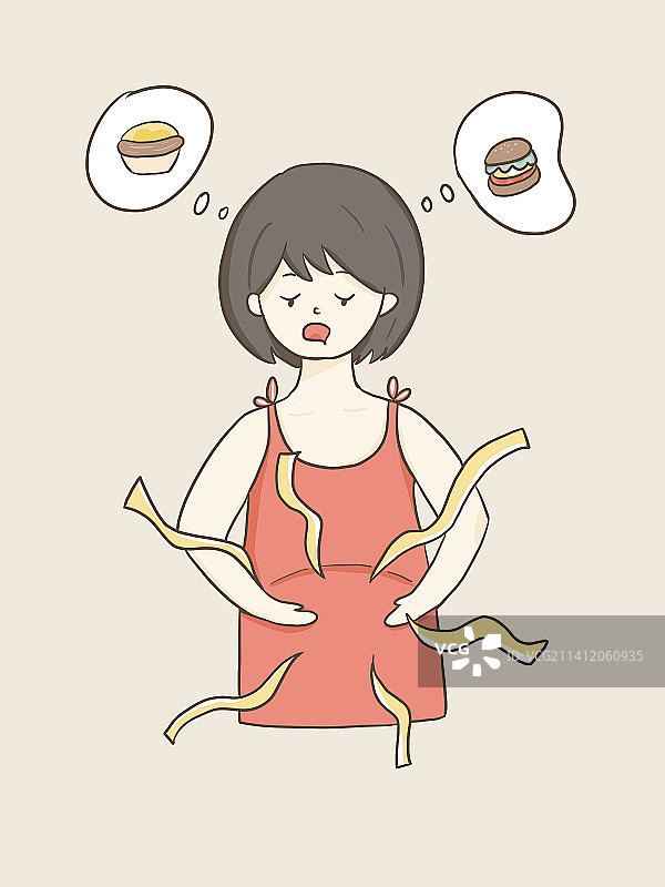 肚子饥饿咕噜叫想吃汉堡包的女孩插画图片素材