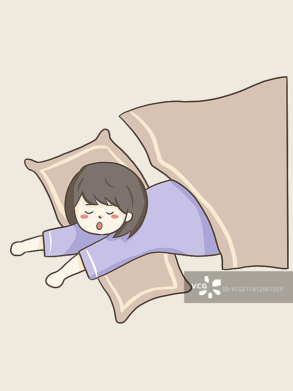 躺在床上趴着睡觉的女孩插画图片素材