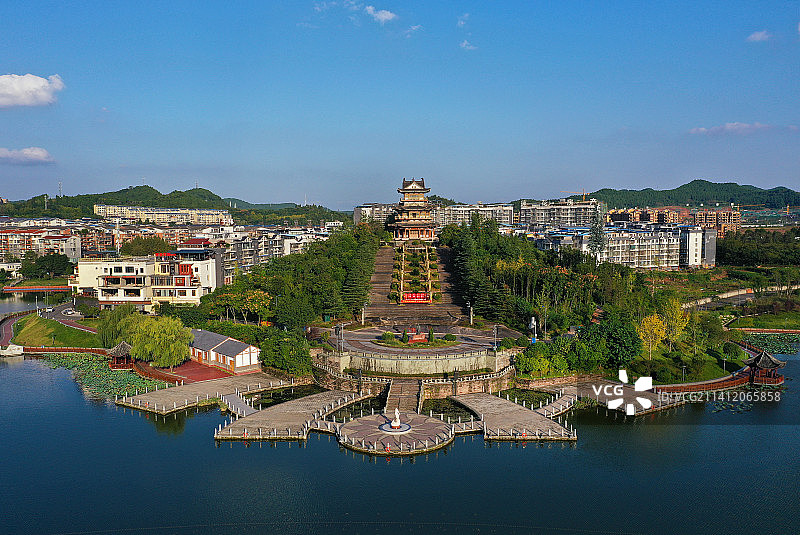 四川省南充市西充安汉广场莲花湖沁湖公园文庙航拍图片素材