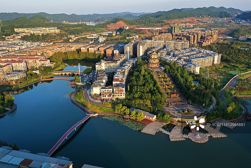 四川省南充市西充安汉广场莲花湖沁湖公园文庙航拍图片素材