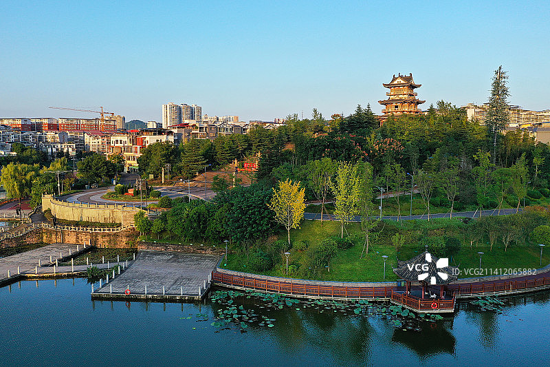 四川省南充市西充安汉广场莲花湖沁湖公园文庙航拍图片素材