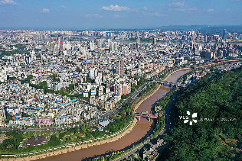 四川省南充市西山风景区开汉楼和顺庆区城市风景航拍图片素材