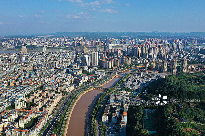 四川省南充市西山风景区开汉楼和顺庆区城市风景航拍图片素材