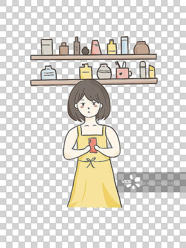 卫生间拿着手机看女孩插画图片素材